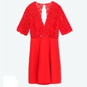 ZARA WOMAN RED DRESS LACE GUIPURE SIZE SMALL SKATER NWT
